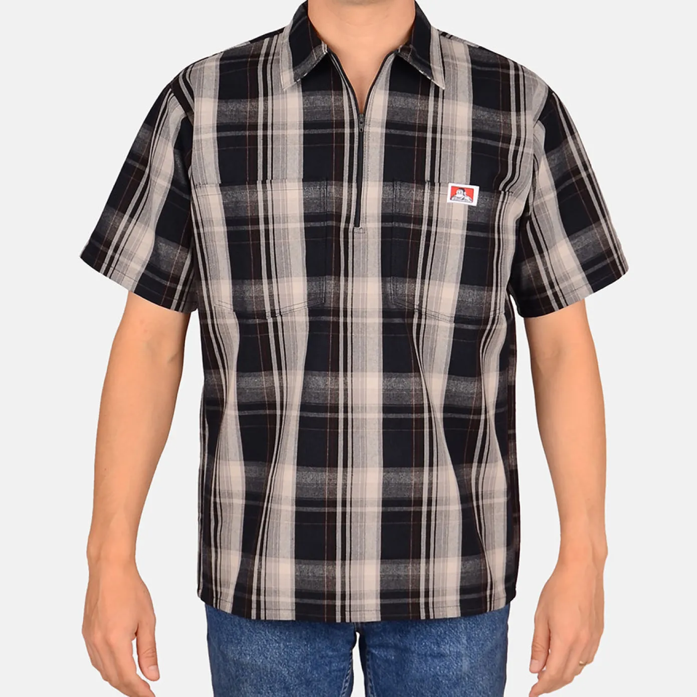 Short Sleeve Plaid 1/2 Zip Shirt - Navy/Grey