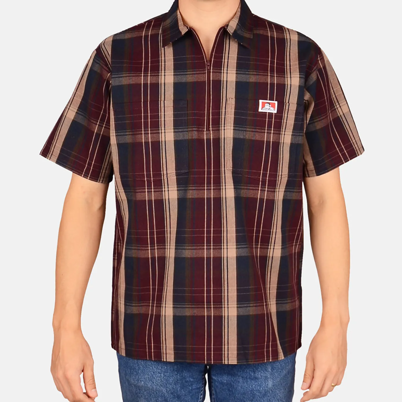 Short Sleeve Plaid 1/2 Zip Shirt - Burgundy
